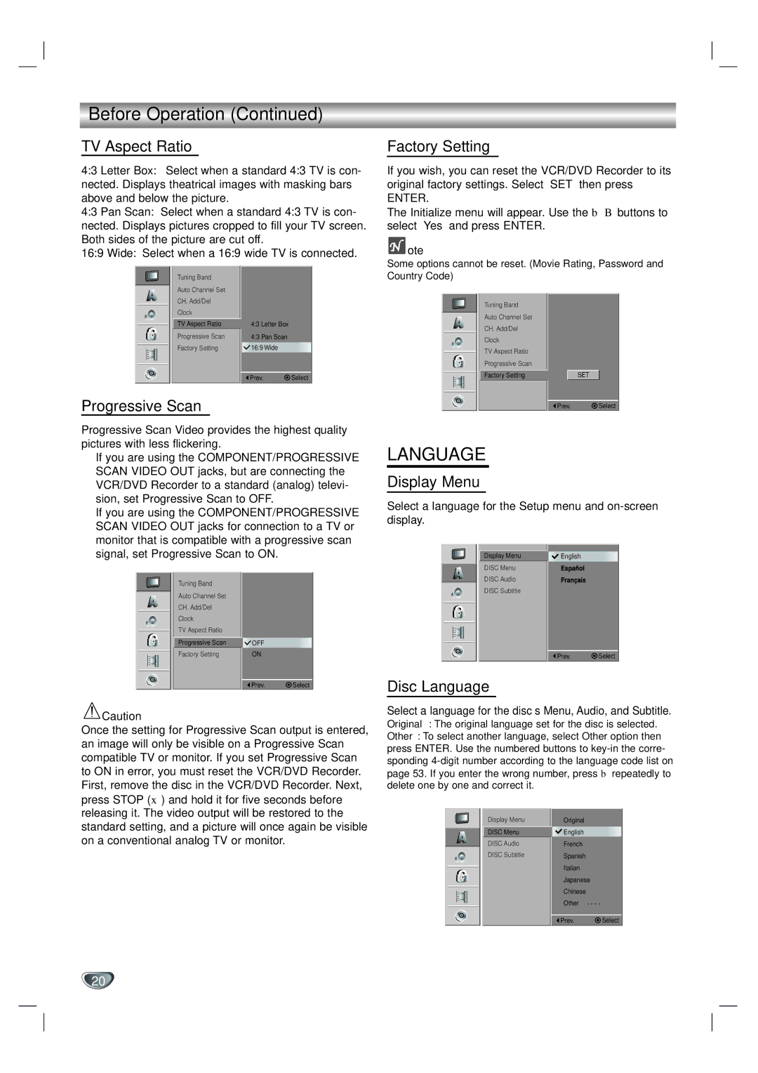 LG Electronics XBR342 owner manual TV Aspect Ratio, Progressive Scan, Factory Setting, Display Menu, Disc Language 