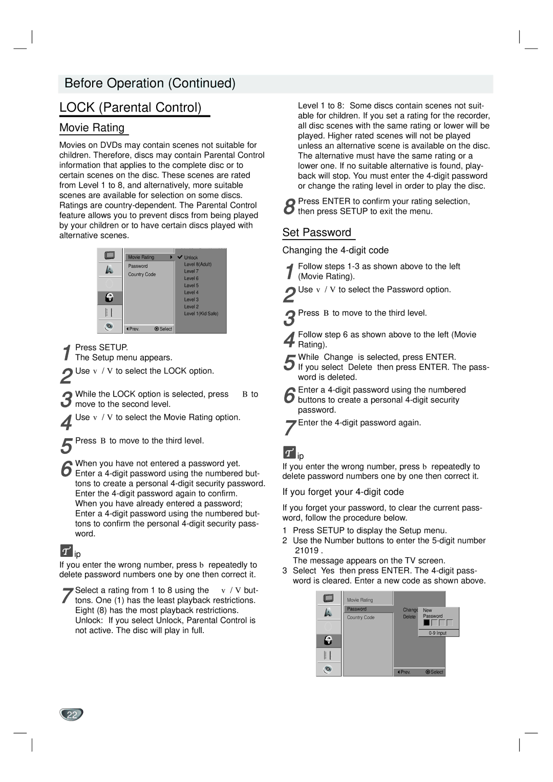 LG Electronics XBR342 Before Operation Lock Parental Control, Movie Rating, Set Password, Changing the 4-digit code 