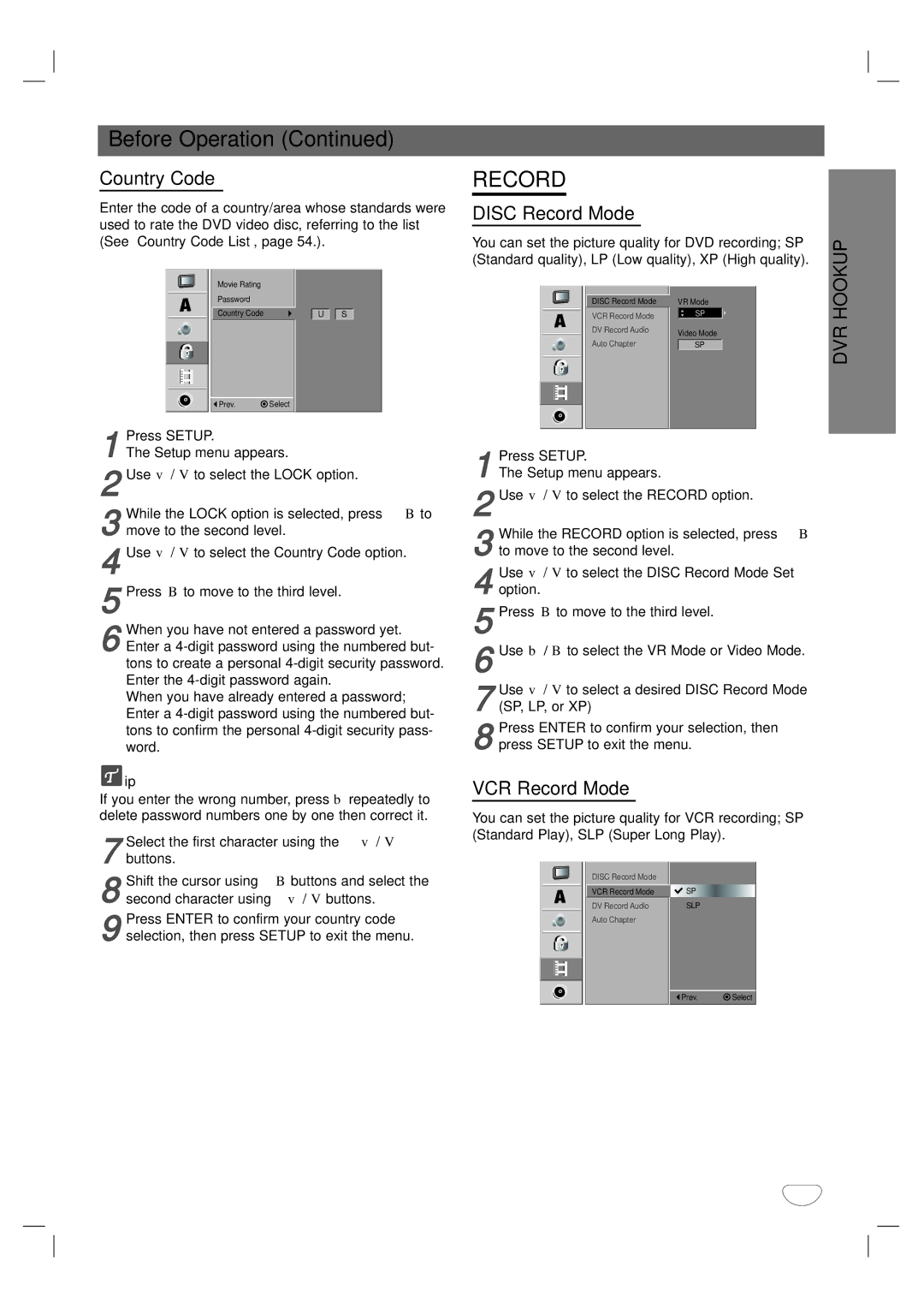 LG Electronics XBR342 owner manual Country Code, Disc Record Mode, VCR Record Mode 