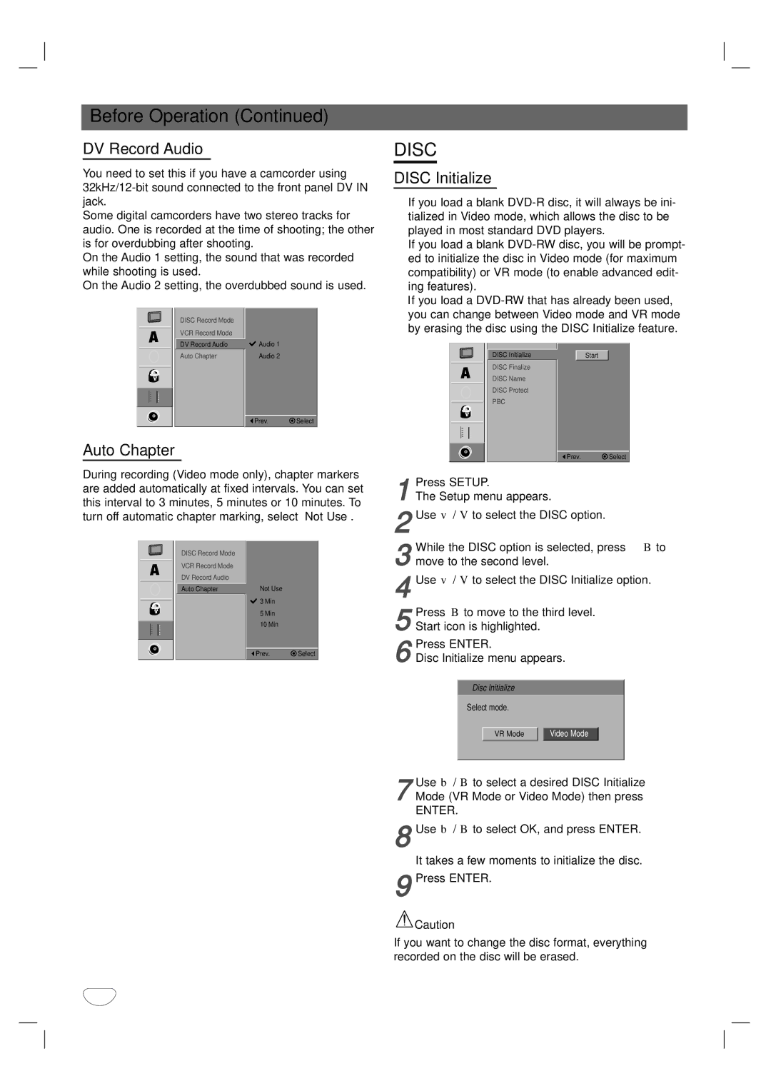 LG Electronics XBR342 owner manual DV Record Audio, Auto Chapter, Disc Initialize 