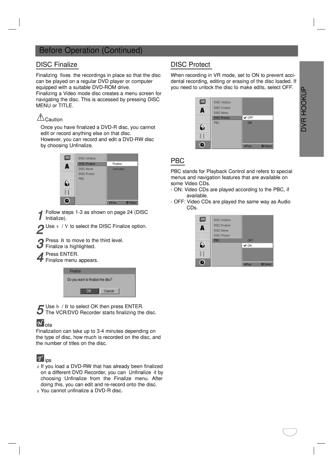 LG Electronics XBR342 owner manual Disc Finalize, Disc Protect, Pbc, Follow steps 1-3 as shown on page 24 Disc 