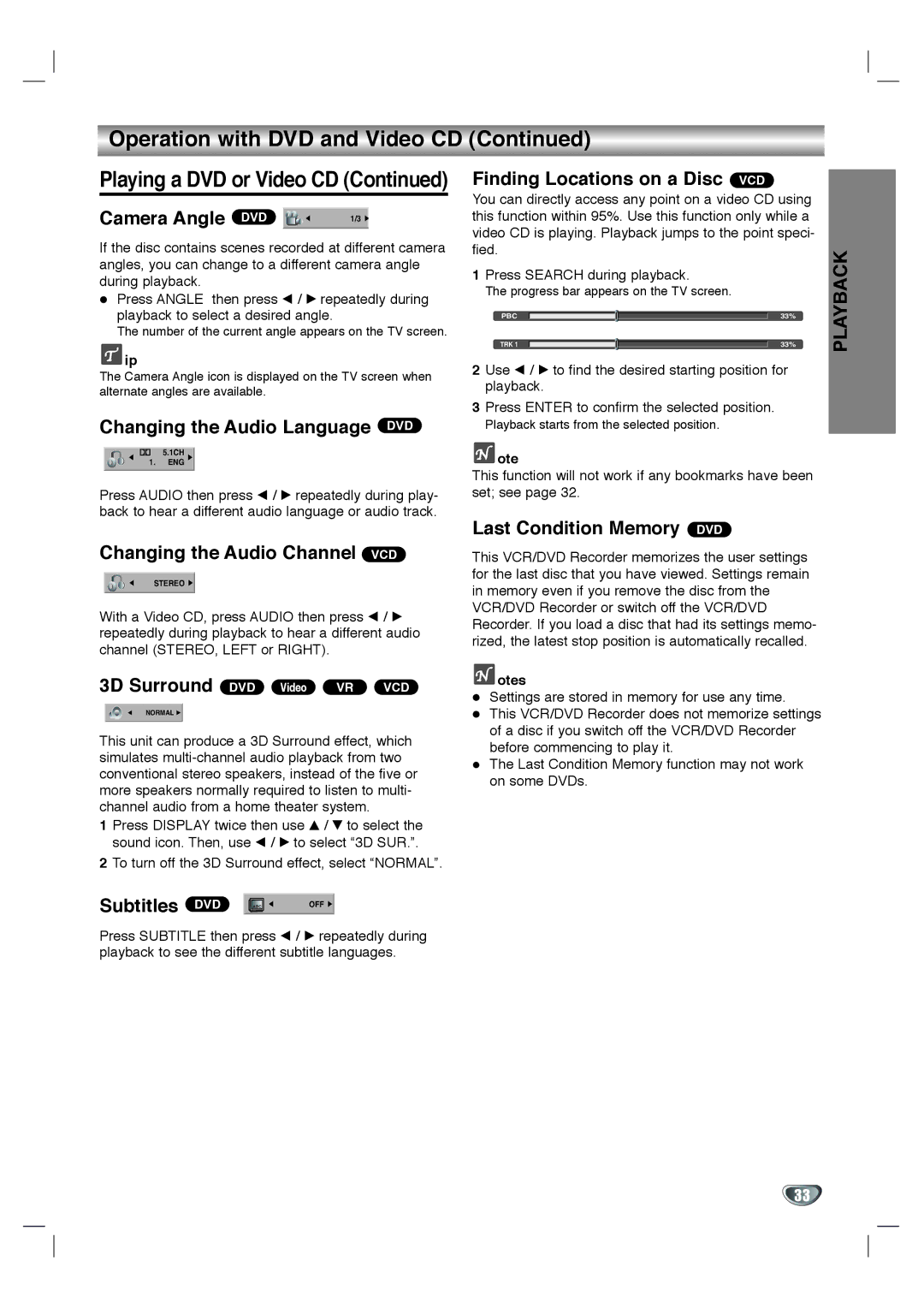 LG Electronics XBR342 Camera Angle DVD, Changing the Audio Language DVD, Changing the Audio Channel VCD, Subtitles DVD 