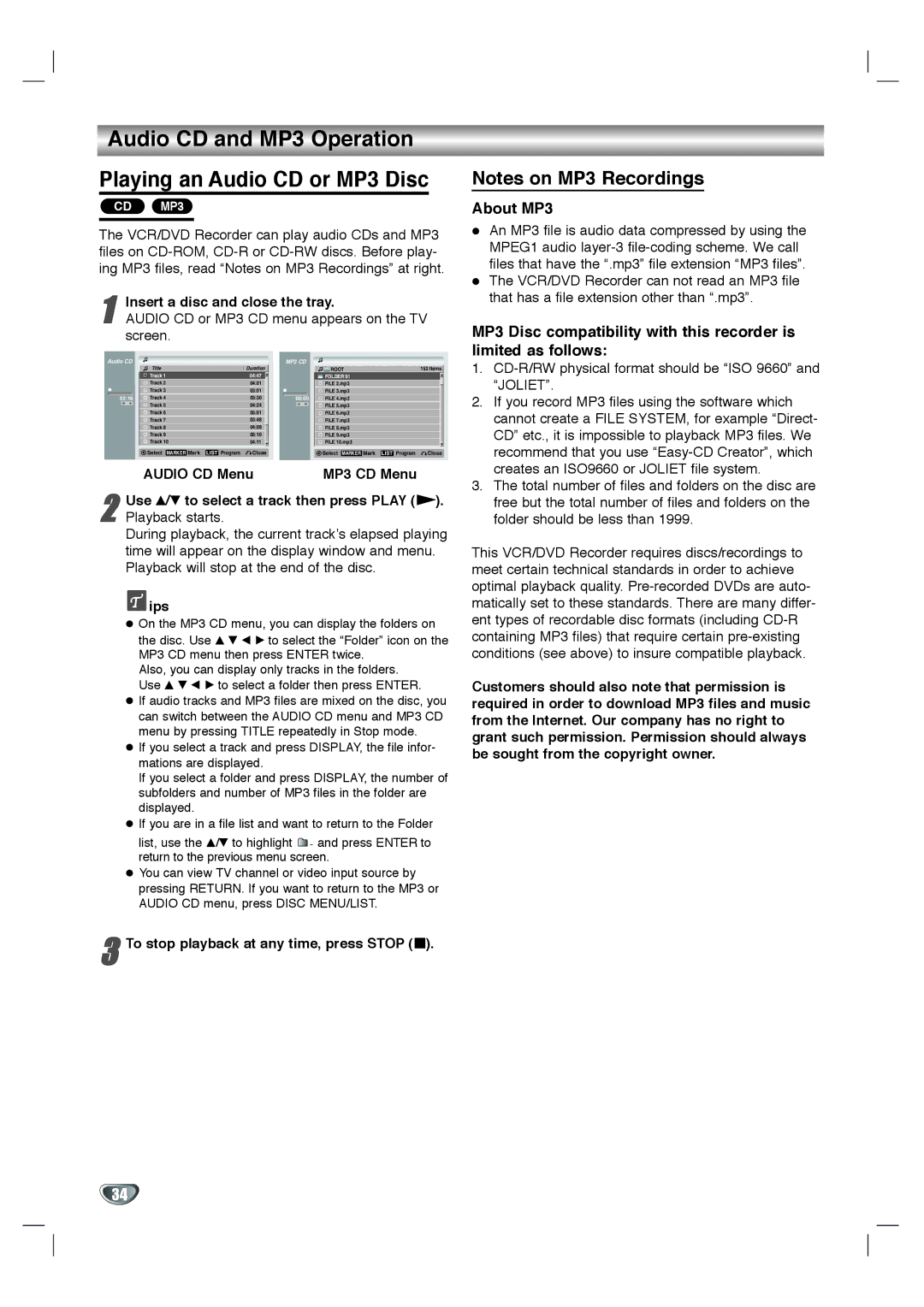 LG Electronics XBR342 owner manual Audio CD and MP3 Operation Playing an Audio CD or MP3 Disc, About MP3 