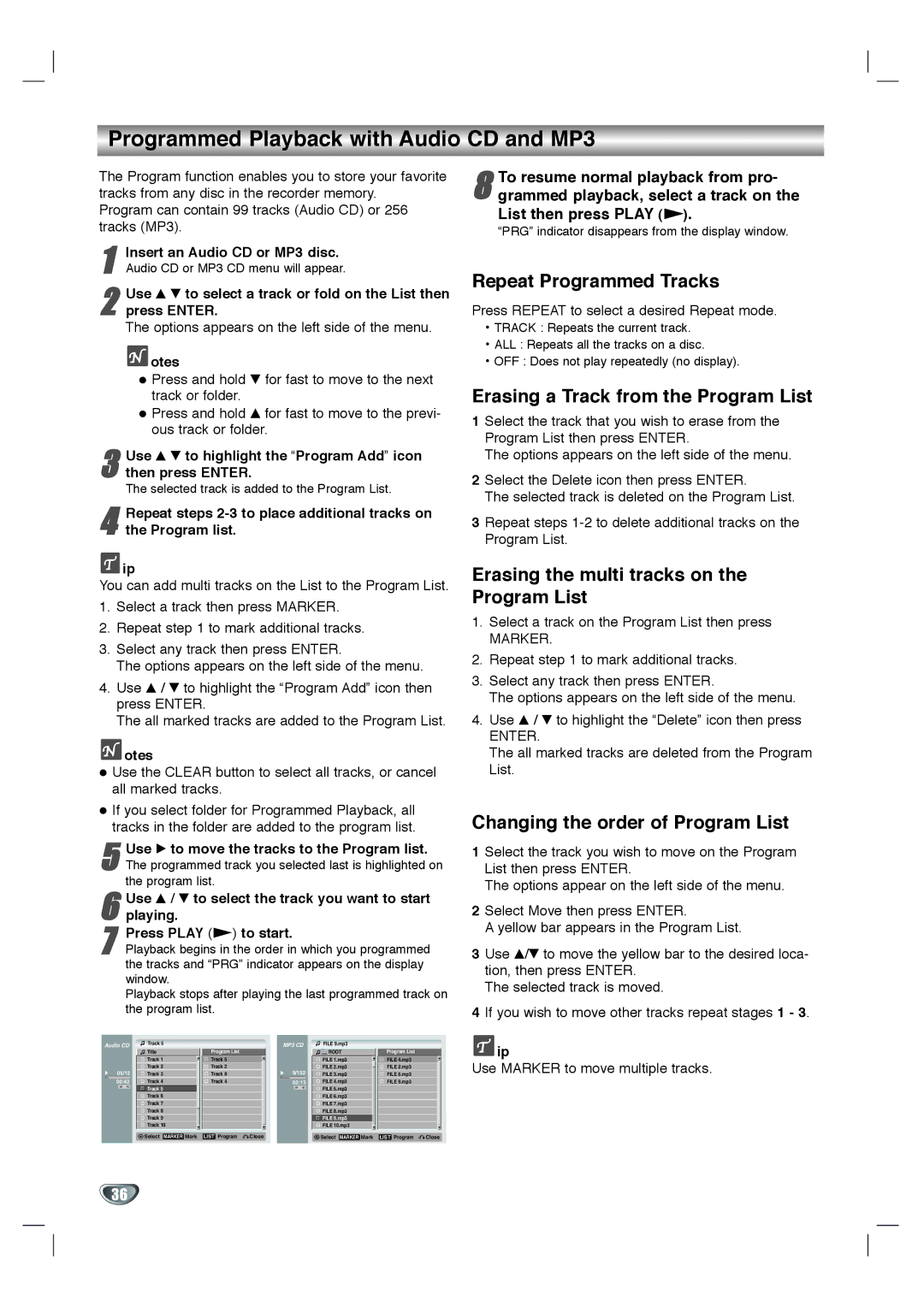 LG Electronics XBR342 owner manual Programmed Playback with Audio CD and MP3, Repeat Programmed Tracks 