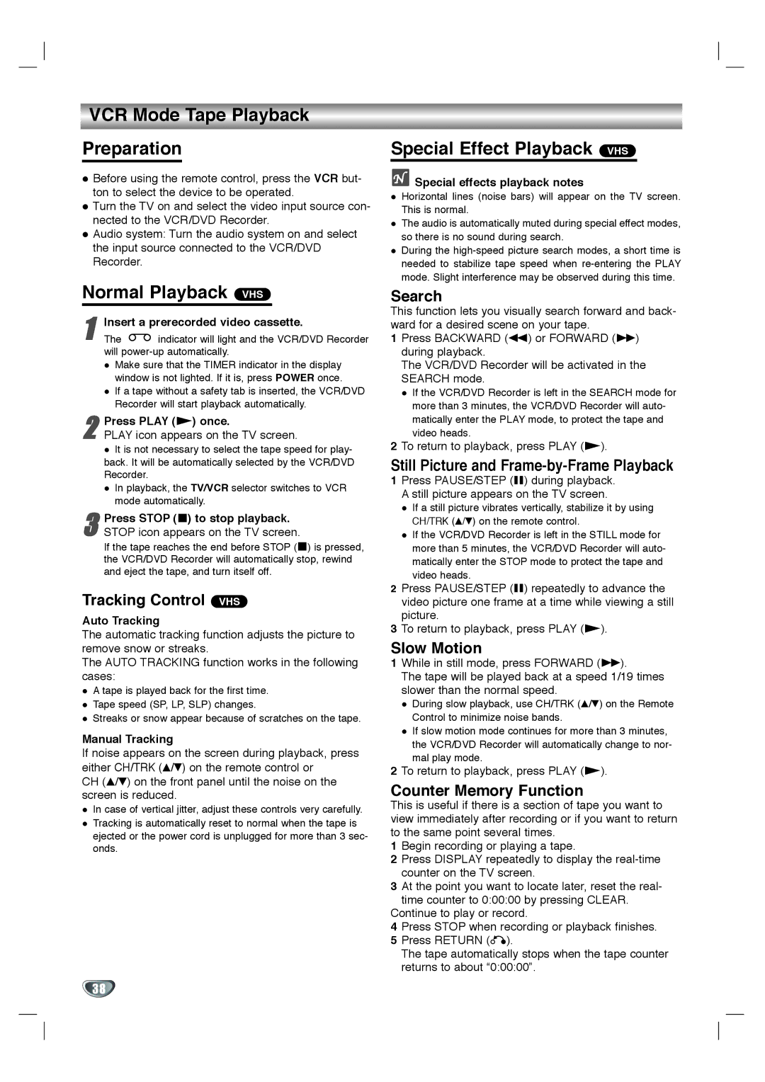 LG Electronics XBR342 owner manual VCR Mode Tape Playback Preparation, Normal Playback VHS, Special Effect Playback VHS 