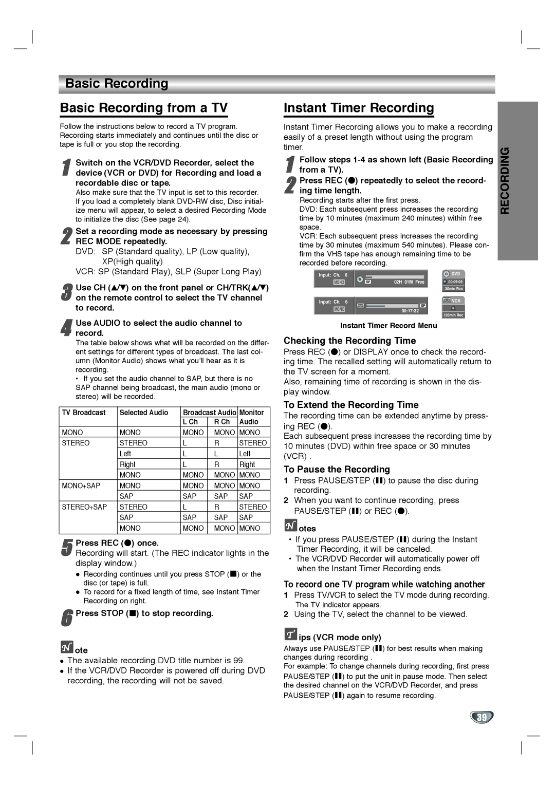 LG Electronics XBR342 Basic Recording Basic Recording from a TV, Instant Timer Recording, Checking the Recording Time 