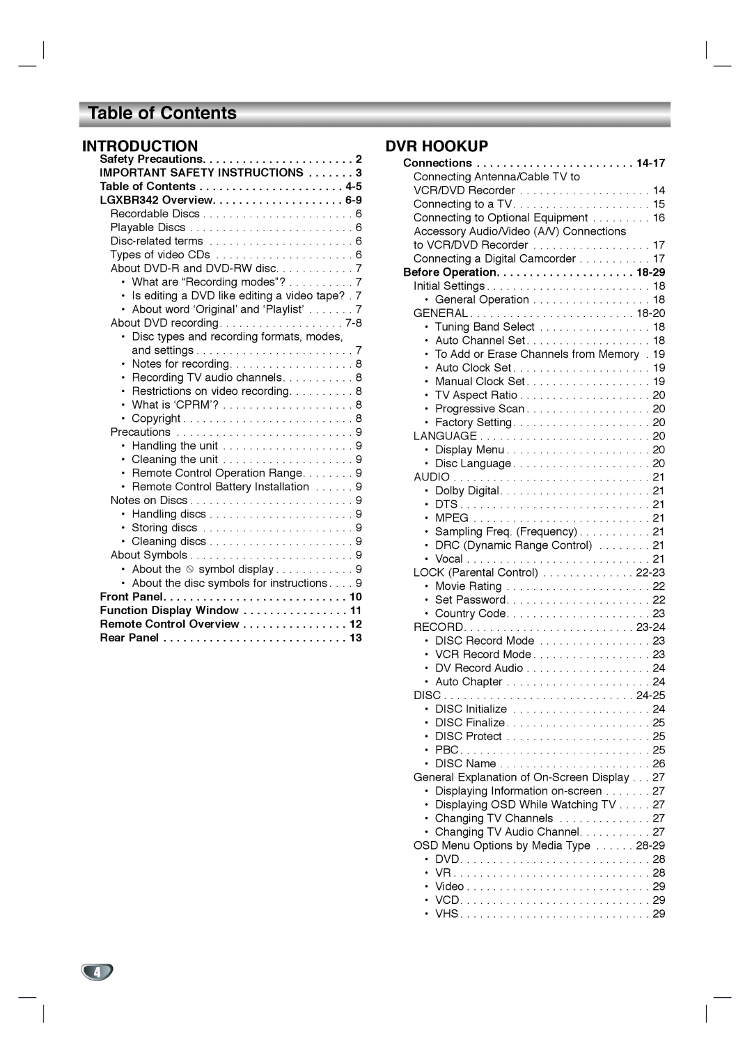 LG Electronics XBR342 owner manual Table of Contents 