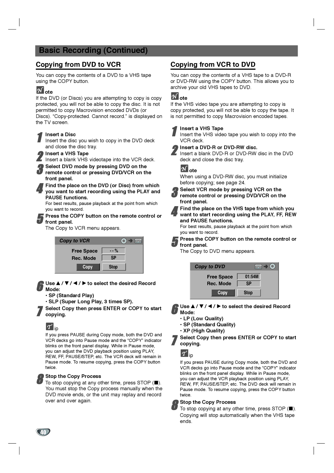 LG Electronics XBR342 owner manual Basic Recording, Copying from DVD to VCR, Copying from VCR to DVD 