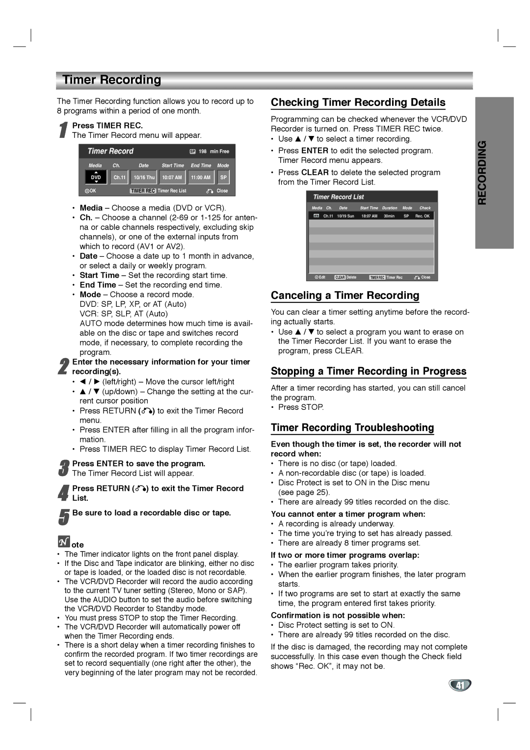 LG Electronics XBR342 Checking Timer Recording Details, Canceling a Timer Recording, Timer Recording Troubleshooting 