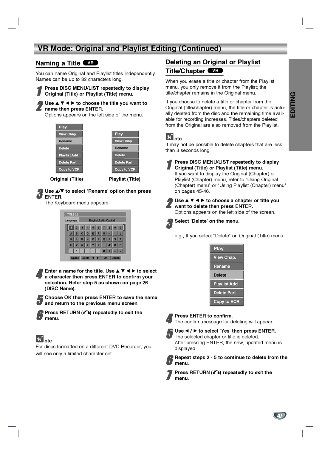 LG Electronics XBR342 owner manual Naming a Title VR, Deleting an Original or Playlist Title/Chapter VR 