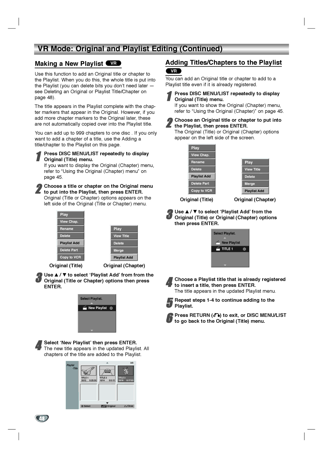 LG Electronics XBR342 owner manual Making a New Playlist VR, Adding Titles/Chapters to the Playlist 