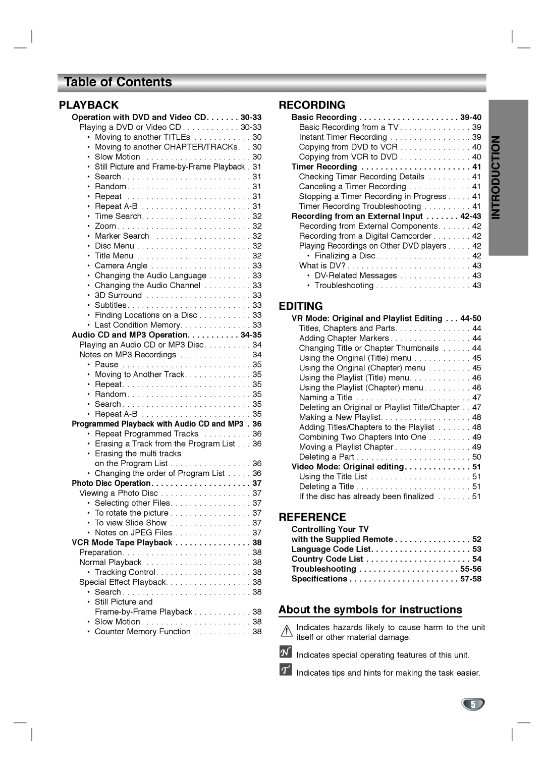 LG Electronics XBR342 owner manual Recording, Editing, Reference, About the symbols for instructions 