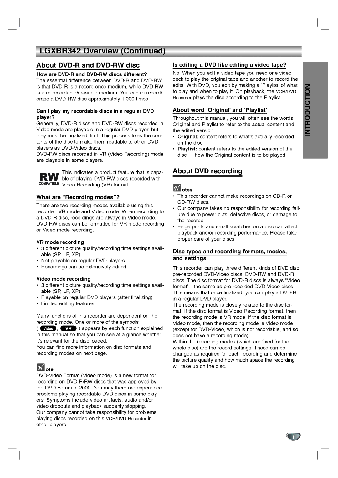 LG Electronics XBR342 owner manual About DVD-R and DVD-RW disc, About DVD recording 