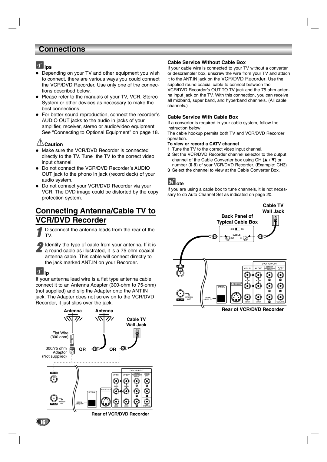 LG Electronics XBR446 Connections, Connecting Antenna/Cable TV to VCR/DVD Recorder, Ips, Cable Service Without Cable Box 