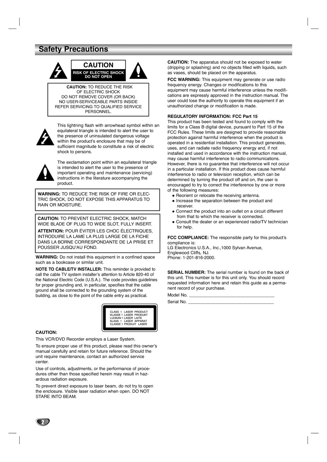 LG Electronics XBR446 owner manual Safety Precautions, Regulatory Information FCC Part 