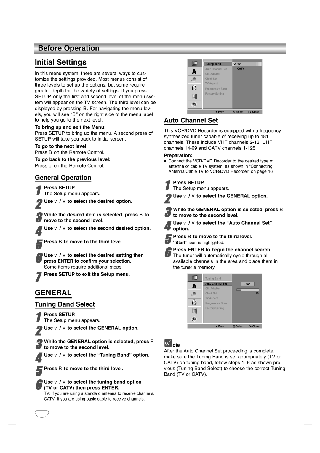 LG Electronics XBR446 Before Operation Initial Settings, General Operation, Tuning Band Select, Auto Channel Set 