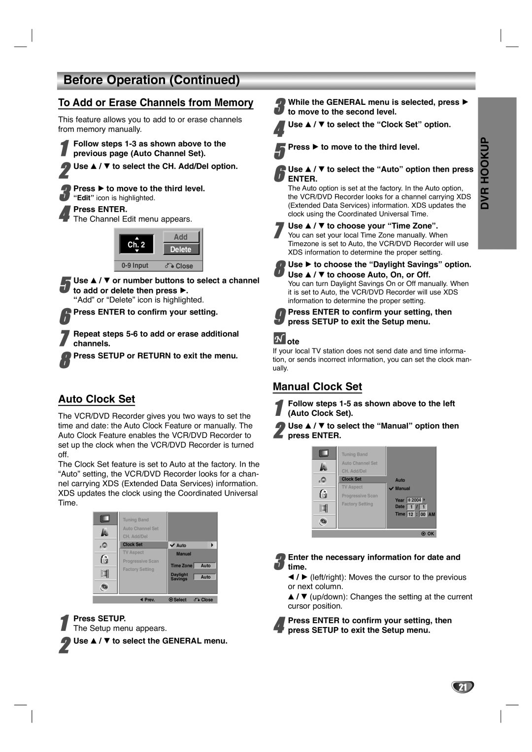 LG Electronics XBR446 owner manual Auto Clock Set, Manual Clock Set 