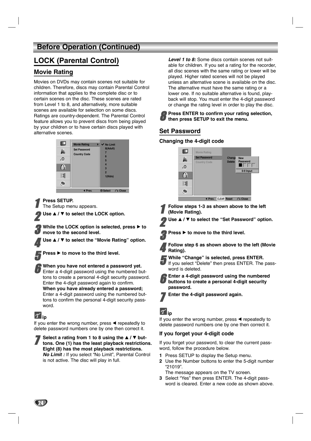 LG Electronics XBR446 Before Operation Lock Parental Control, Movie Rating, Set Password, Changing the 4-digit code 