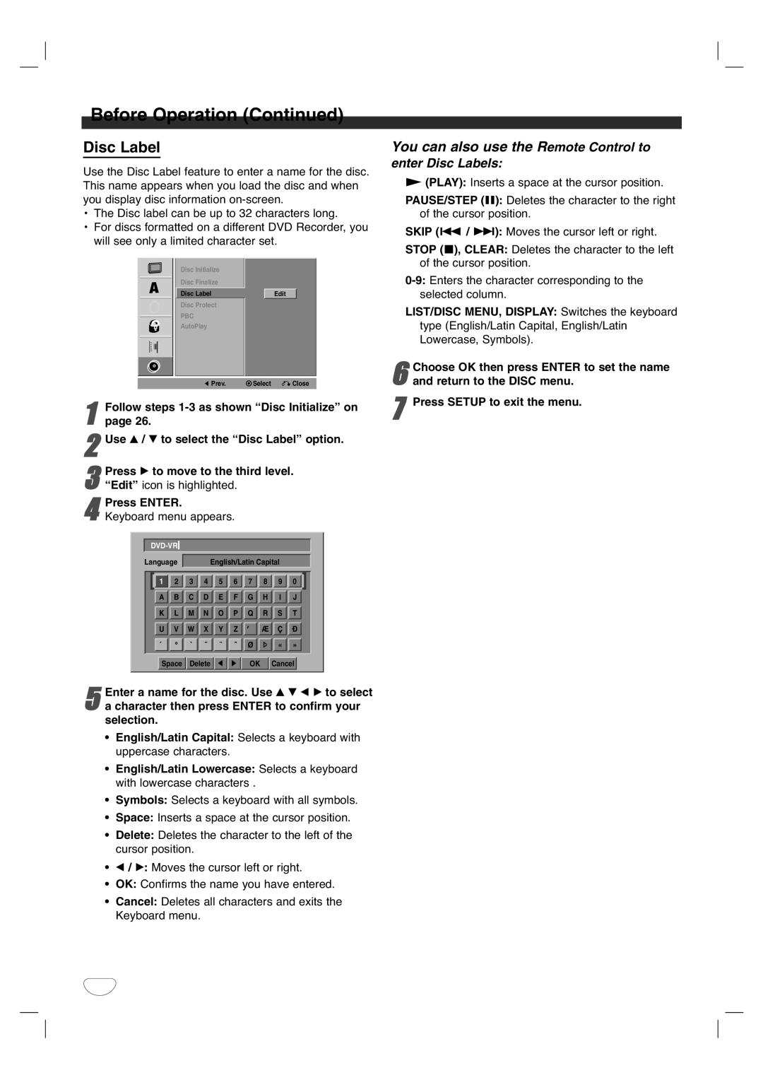 LG Electronics XBR446 Disc Label, Keyboard menu appears.Press Enter, Character then press Enter to confirm your selection 