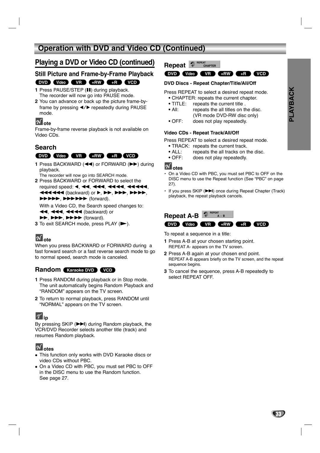 LG Electronics XBR446 owner manual Operation with DVD and Video CD, Search, Repeat Chapter, Repeat A-B 