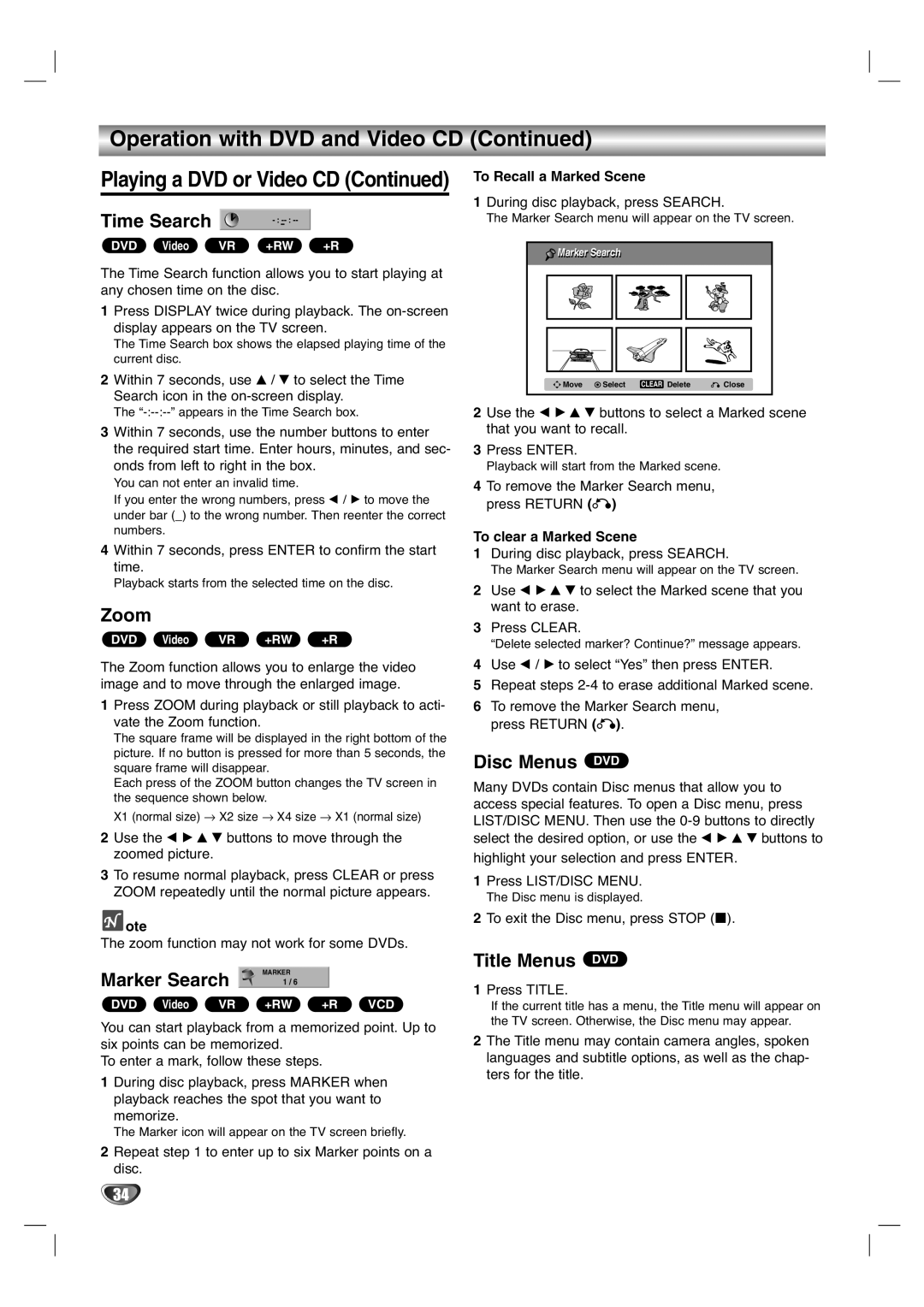 LG Electronics XBR446 owner manual Time Search, Zoom, Disc Menus DVD, Title Menus DVD 