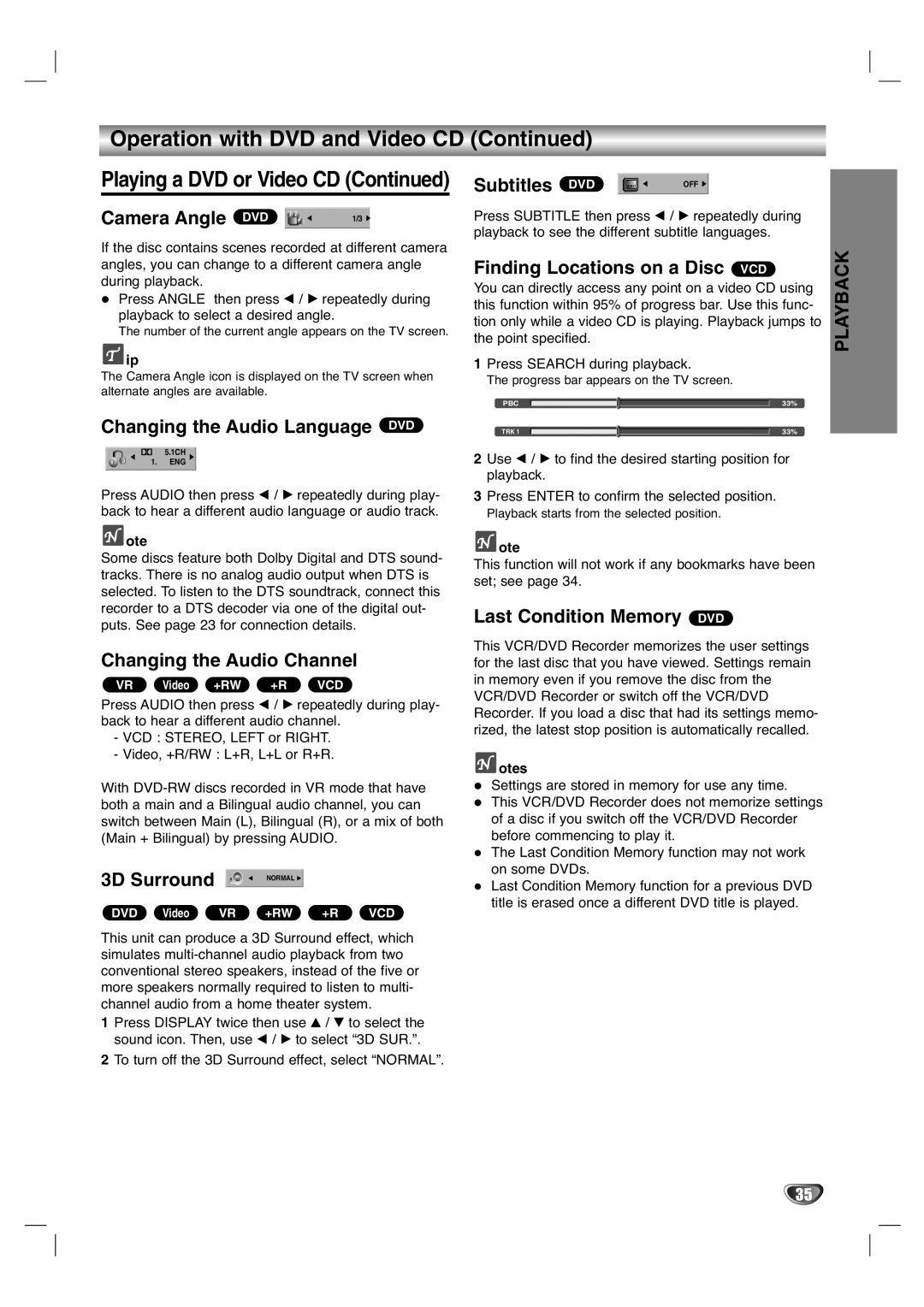 LG Electronics XBR446 Camera Angle DVD, Changing the Audio Language DVD, Changing the Audio Channel, 3D Surround Normal 