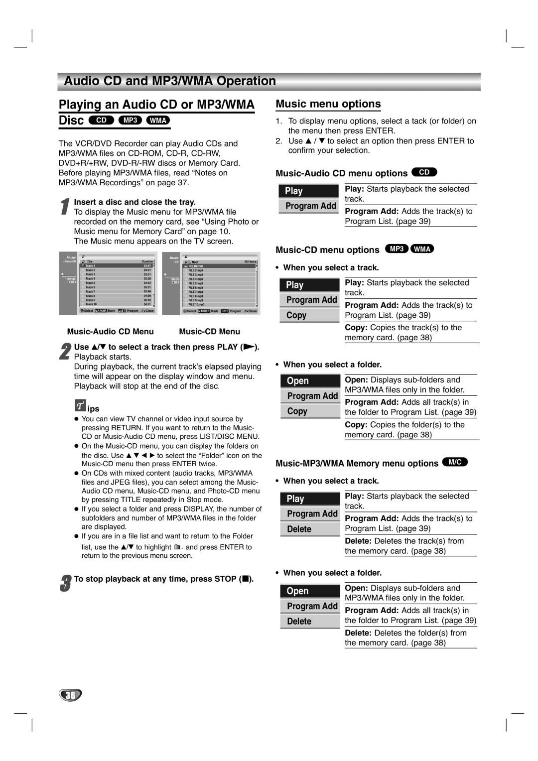 LG Electronics XBR446 owner manual Audio CD and MP3/WMA Operation, Music menu options 