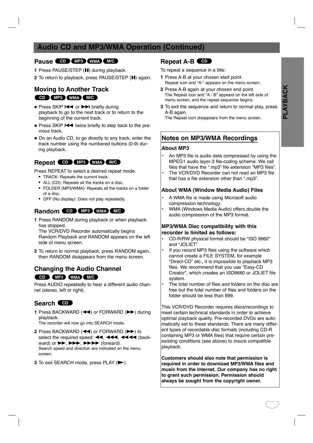 LG Electronics XBR446 Moving to Another Track, Search CD, Repeat A-B CD, About MP3, About WMA Window Media Audio Files 