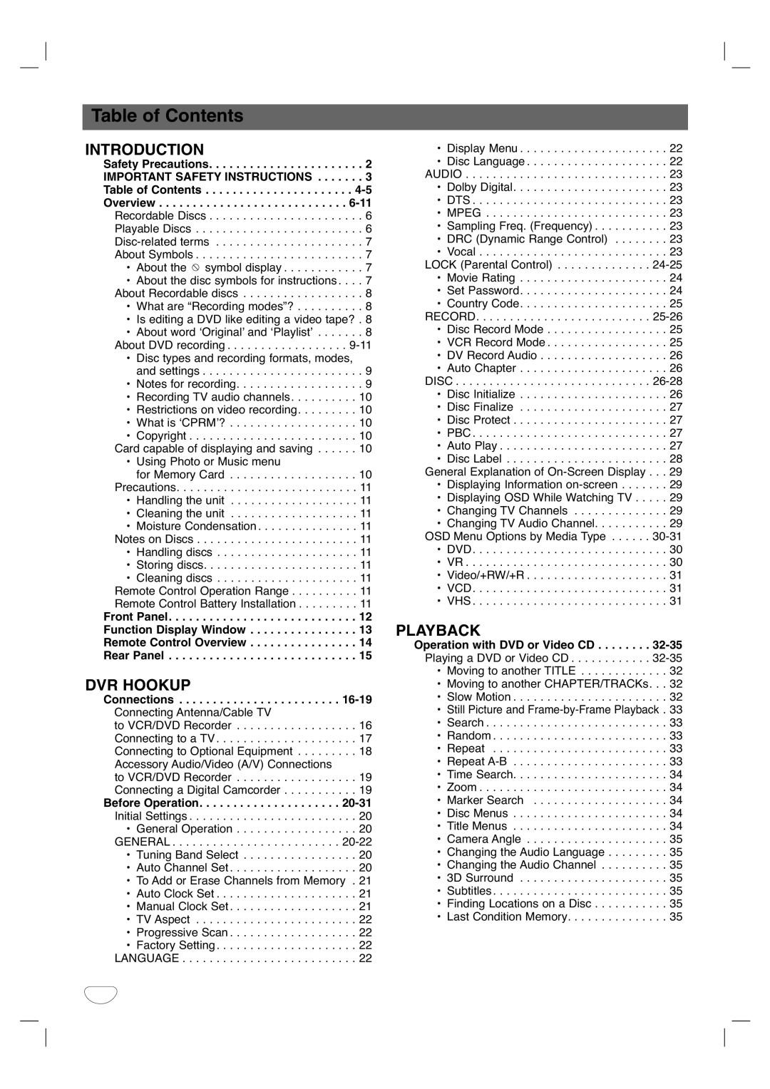 LG Electronics XBR446 owner manual Table of Contents 