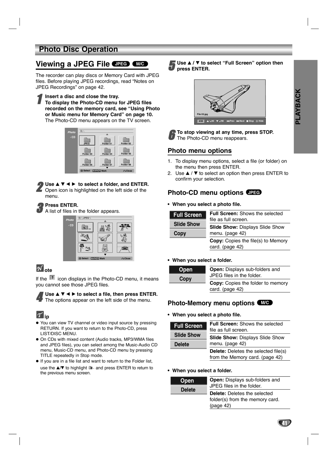 LG Electronics XBR446 Photo Disc Operation Viewing a Jpeg File Jpeg M/C, Photo menu options, Photo-CD menu options Jpeg 