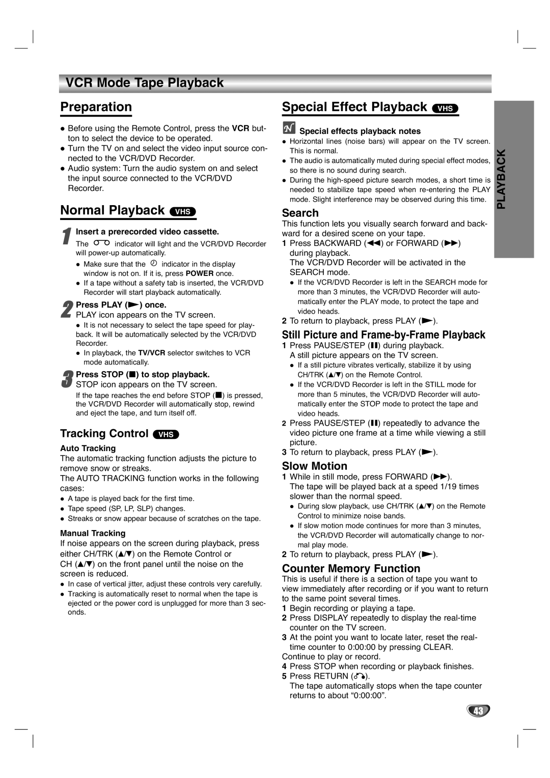 LG Electronics XBR446 owner manual VCR Mode Tape Playback Preparation, Normal Playback VHS, Special Effect Playback VHS 