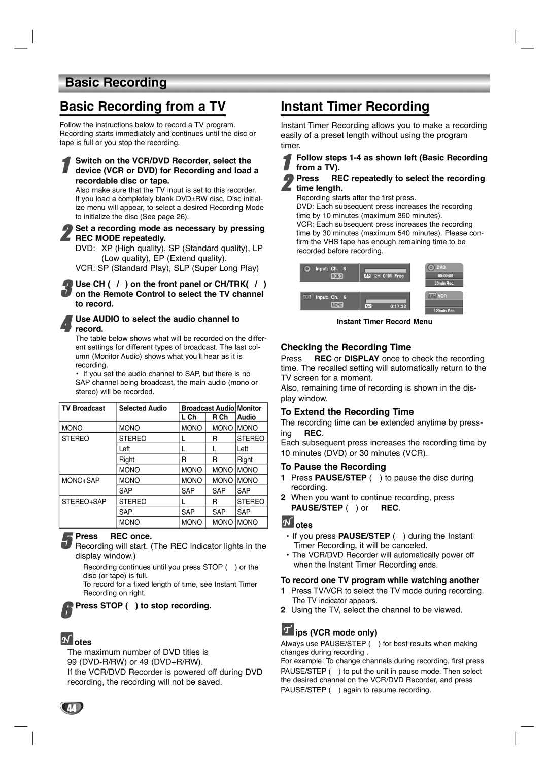 LG Electronics XBR446 owner manual Basic Recording Basic Recording from a TV, Instant Timer Recording 