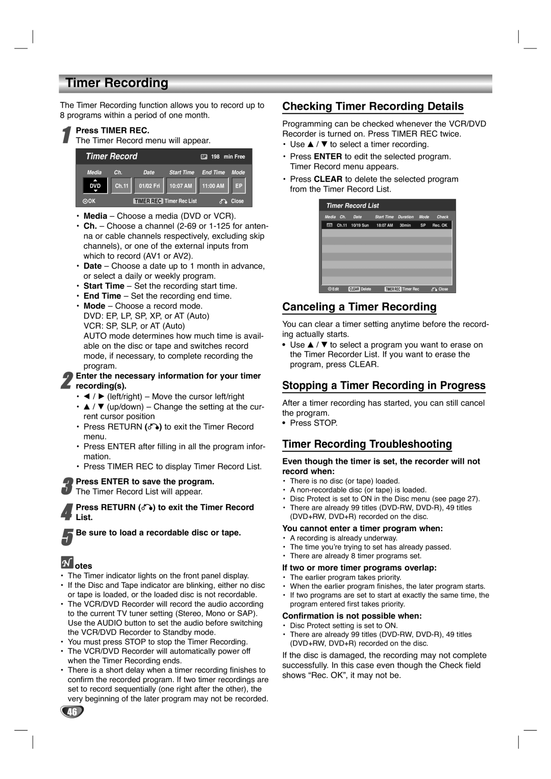 LG Electronics XBR446 Checking Timer Recording Details, Canceling a Timer Recording, Timer Recording Troubleshooting 