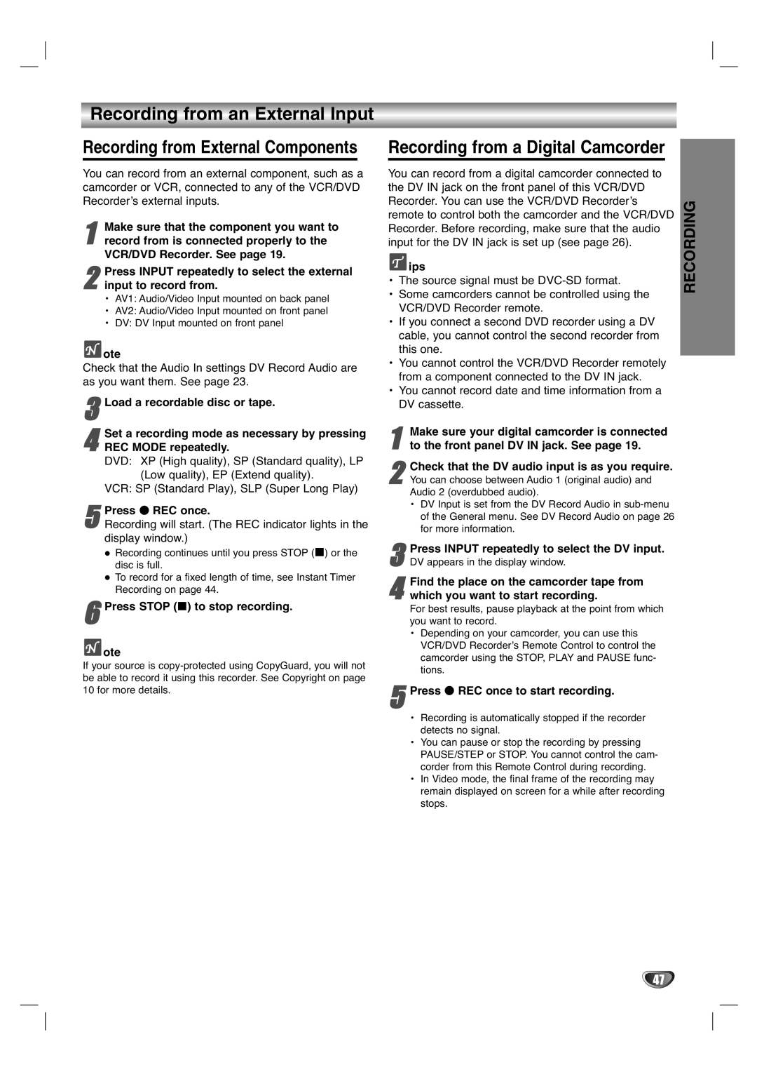 LG Electronics XBR446 owner manual Recording from an External Input 