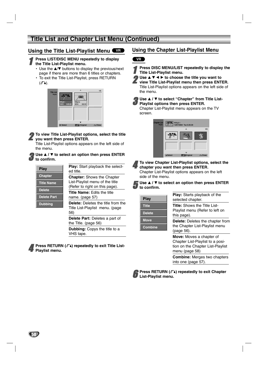 LG Electronics XBR446 owner manual Using the Title List-Playlist Menu VR, Using the Chapter List-Playlist Menu 