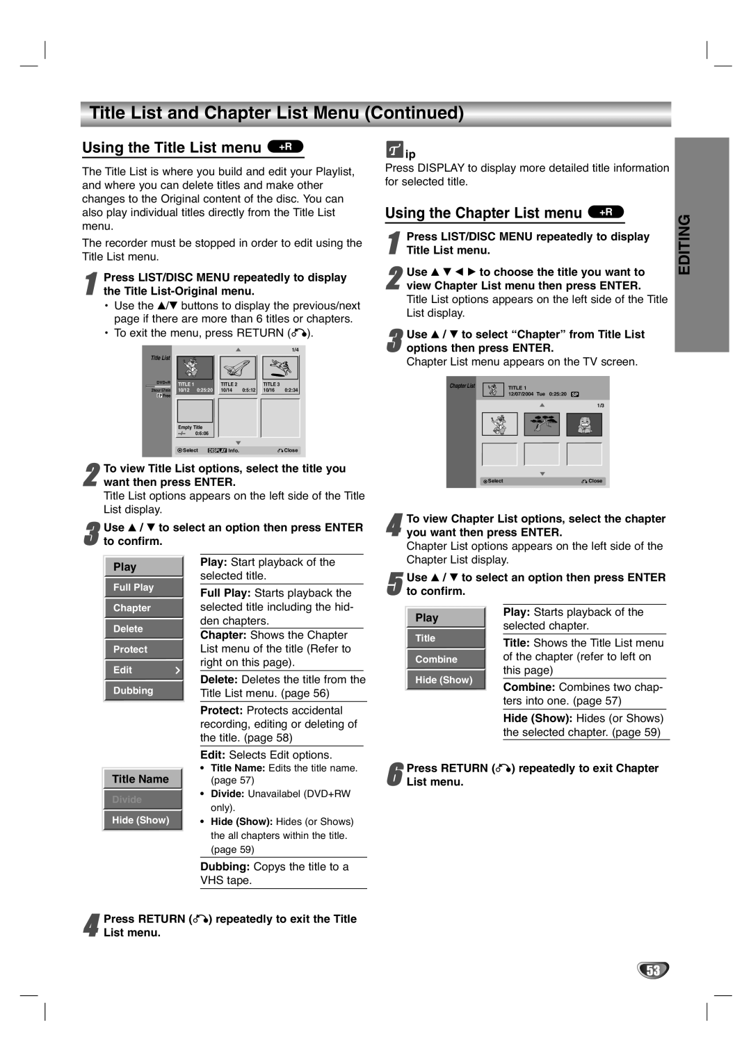 LG Electronics XBR446 owner manual Using the Title List menu +R, Using the Chapter List menu +R 