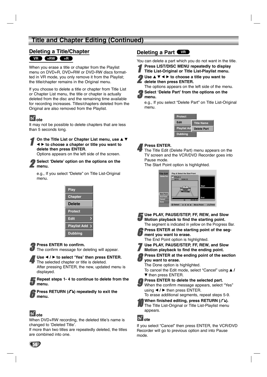 LG Electronics XBR446 owner manual Deleting a Title/Chapter, Deleting a Part VR 