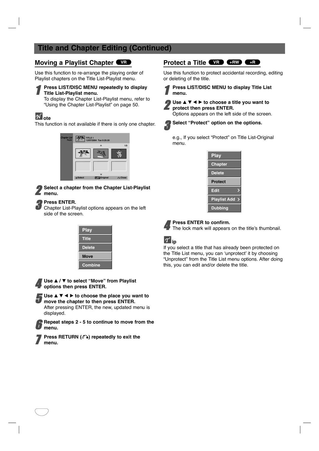 LG Electronics XBR446 This function is not available if there is only one chapter, Select Protect option on the options 