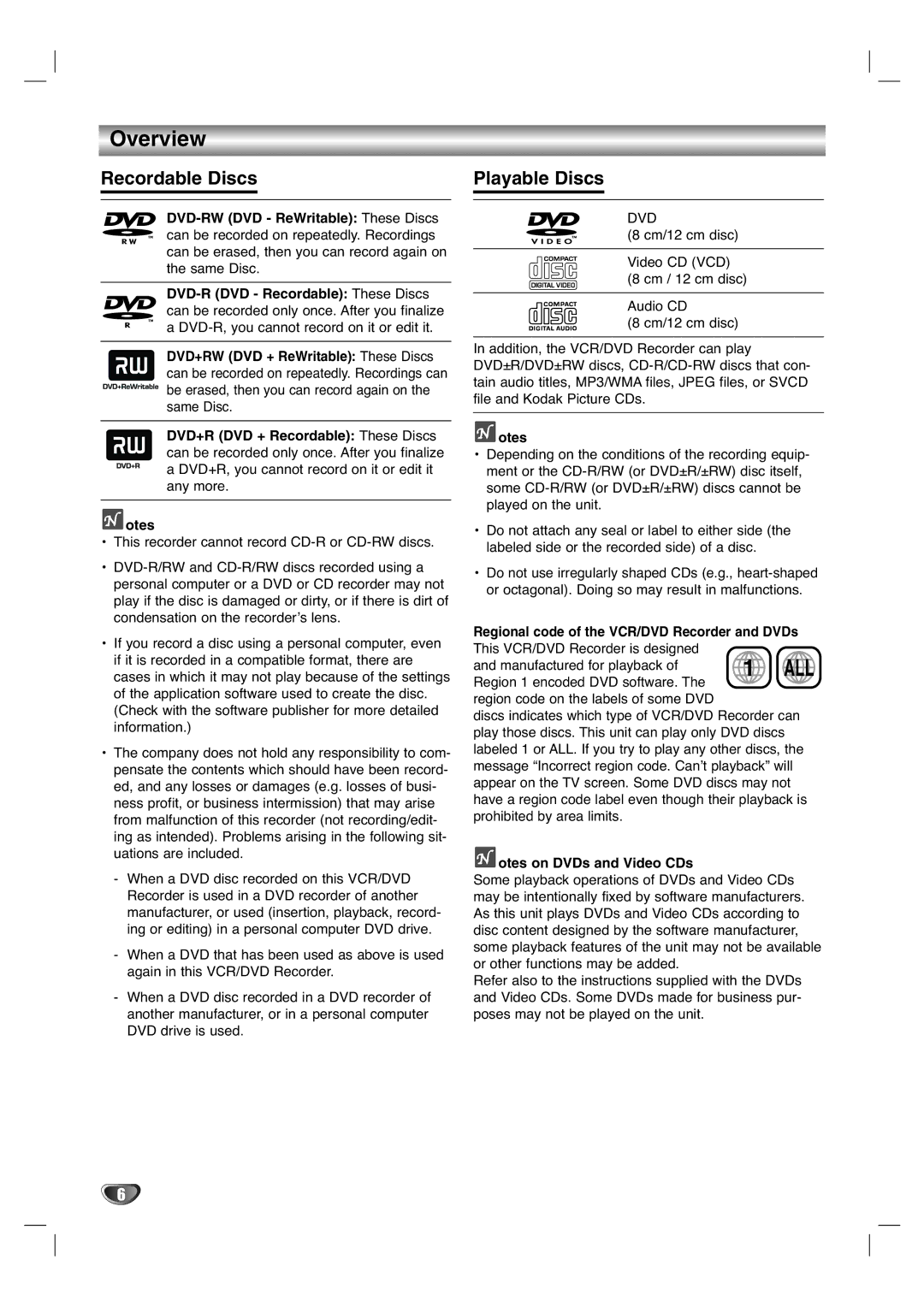 LG Electronics XBR446 owner manual Overview, Recordable Discs, Playable Discs, Otes on DVDs and Video CDs 