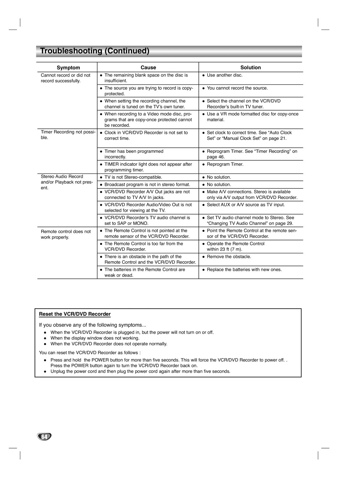 LG Electronics XBR446 owner manual Reset the VCR/DVD Recorder, If you observe any of the following symptoms 