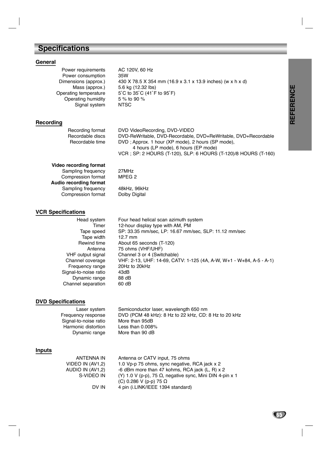 LG Electronics XBR446 owner manual Specifications 