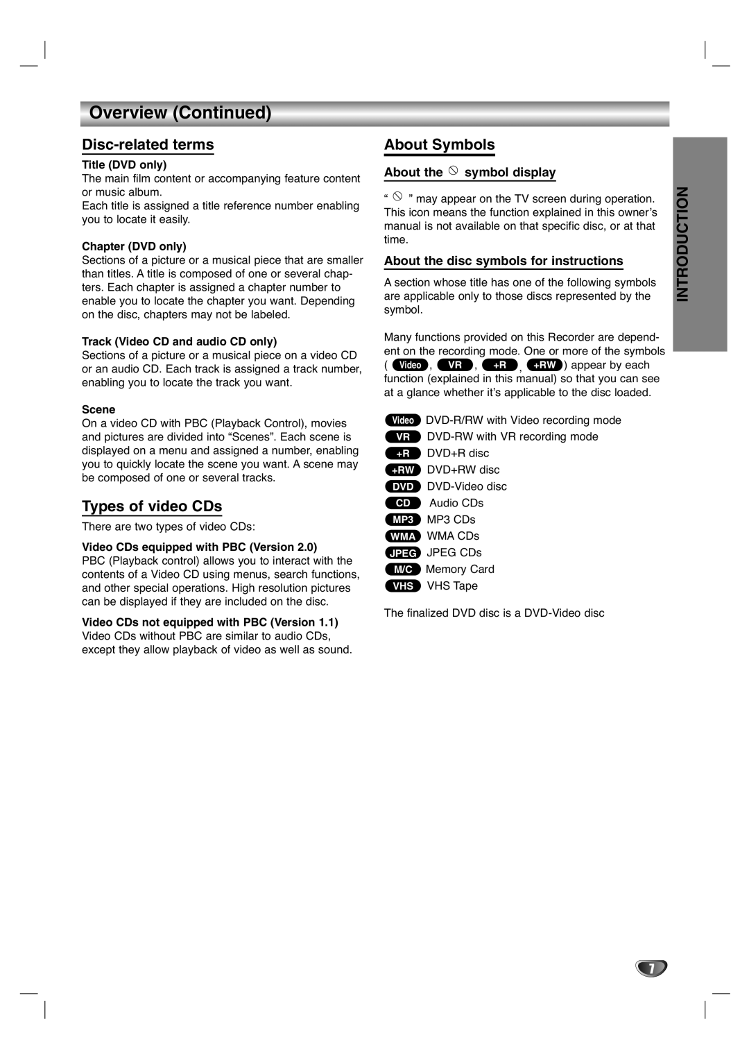 LG Electronics XBR446 owner manual Disc-related terms, Types of video CDs, About Symbols 