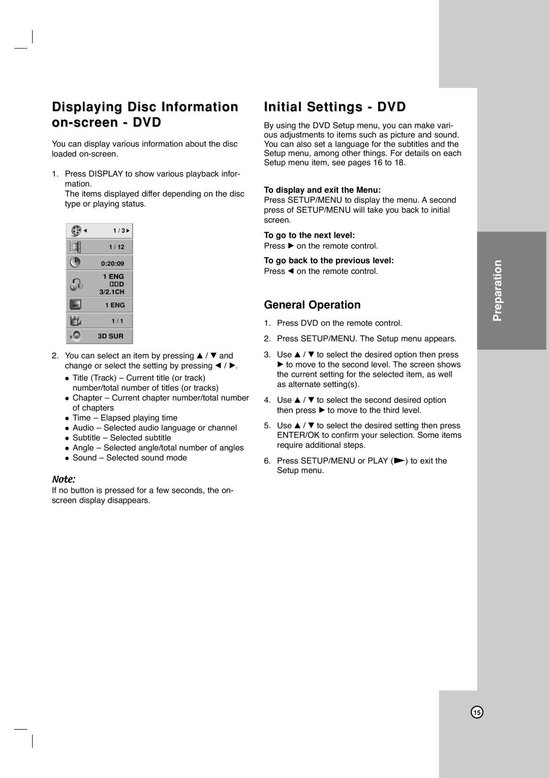 LG Electronics XBV613 Displaying Disc Information on-screen DVD, Initial Settings DVD, To display and exit the Menu 