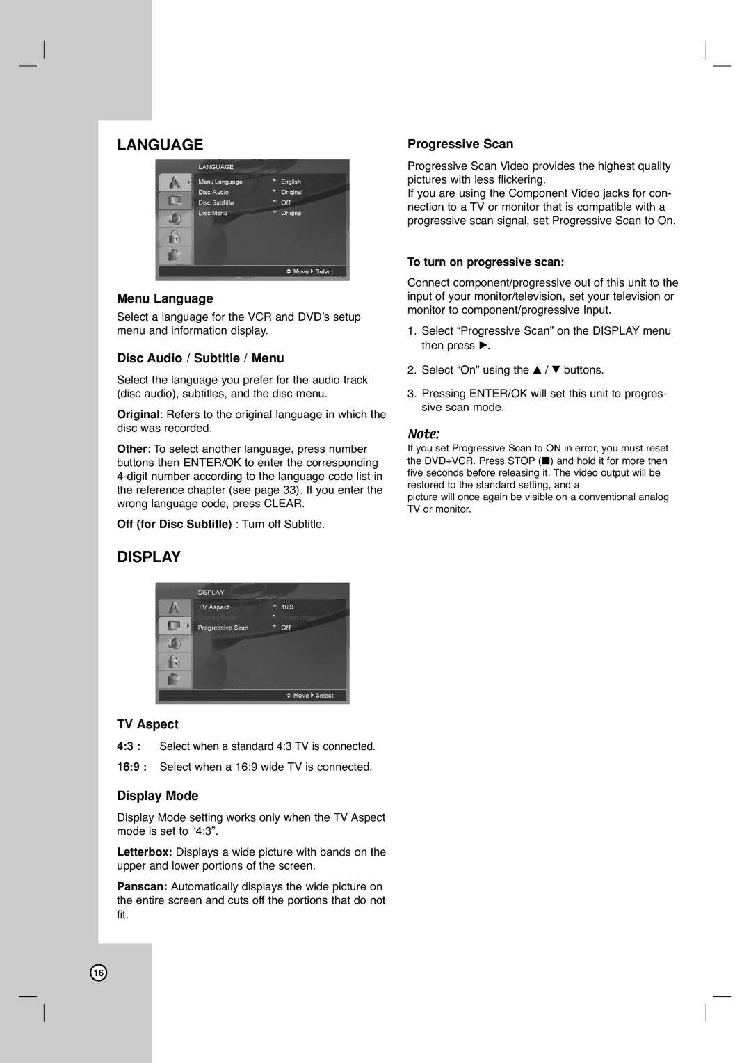 LG Electronics XBV613 warranty Menu Language, Disc Audio / Subtitle / Menu, TV Aspect, Display Mode, Progressive Scan 