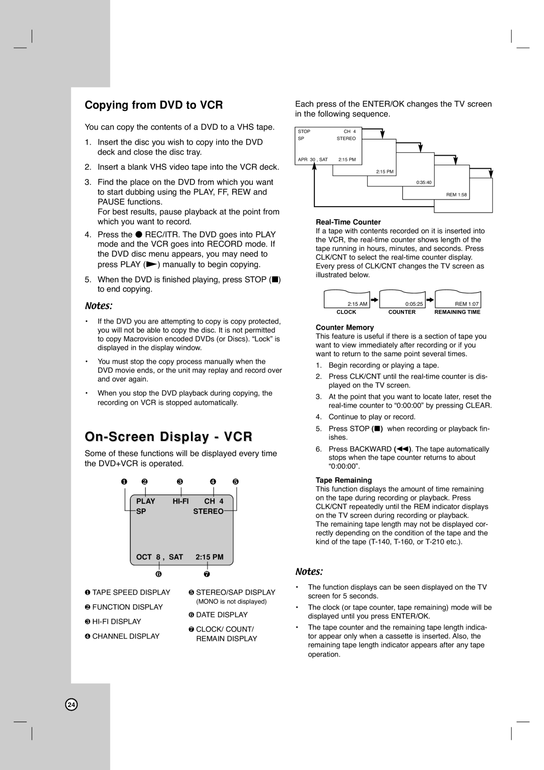 LG Electronics XBV613 warranty On-Screen Display VCR, Copying from DVD to VCR 