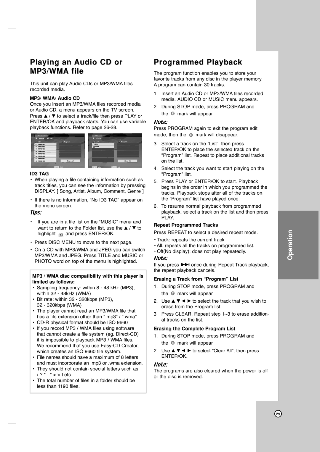 LG Electronics XBV613 warranty Playing an Audio CD or MP3/WMA file, Programmed Playback, ID3 TAG 