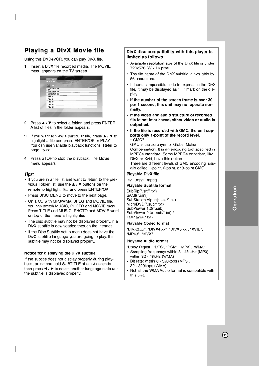 LG Electronics XBV613 Playing a DivX Movie file, Playable DivX file, Playable Subtitle format, Playable Codec format 