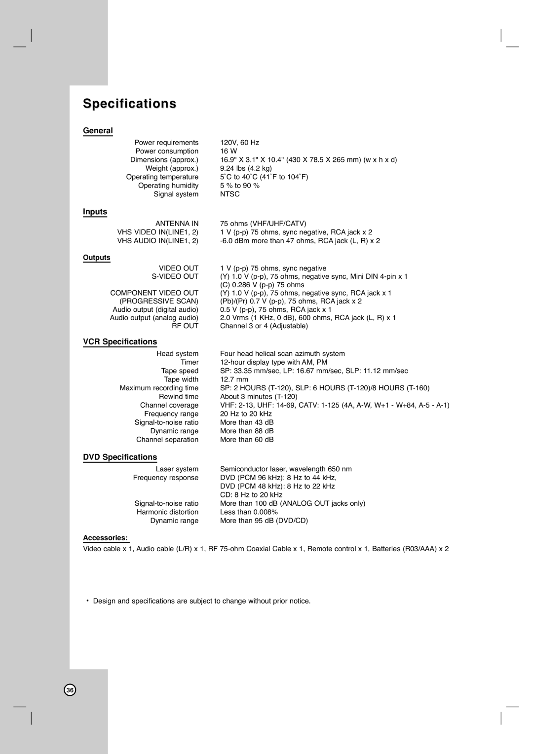 LG Electronics XBV613 warranty General, Inputs, VCR Specifications, DVD Specifications 