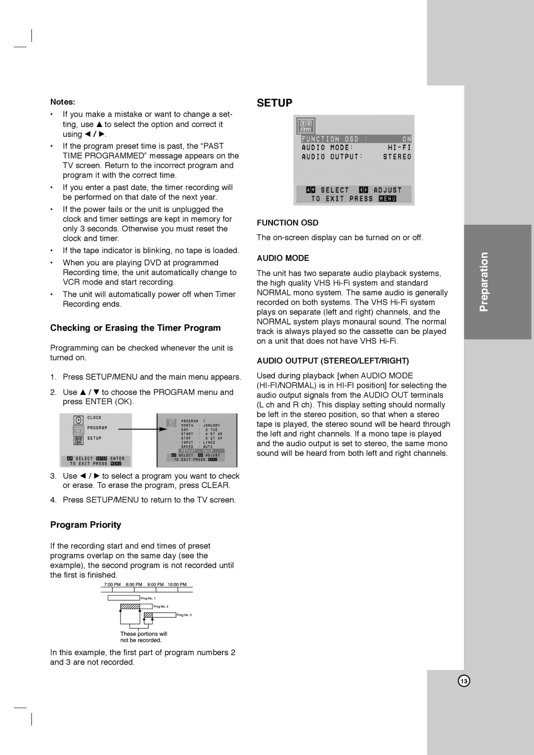 LG Electronics XBV713 warranty Checking or Erasing the Timer Program, Program Priority, Function OSD, Audio Mode 