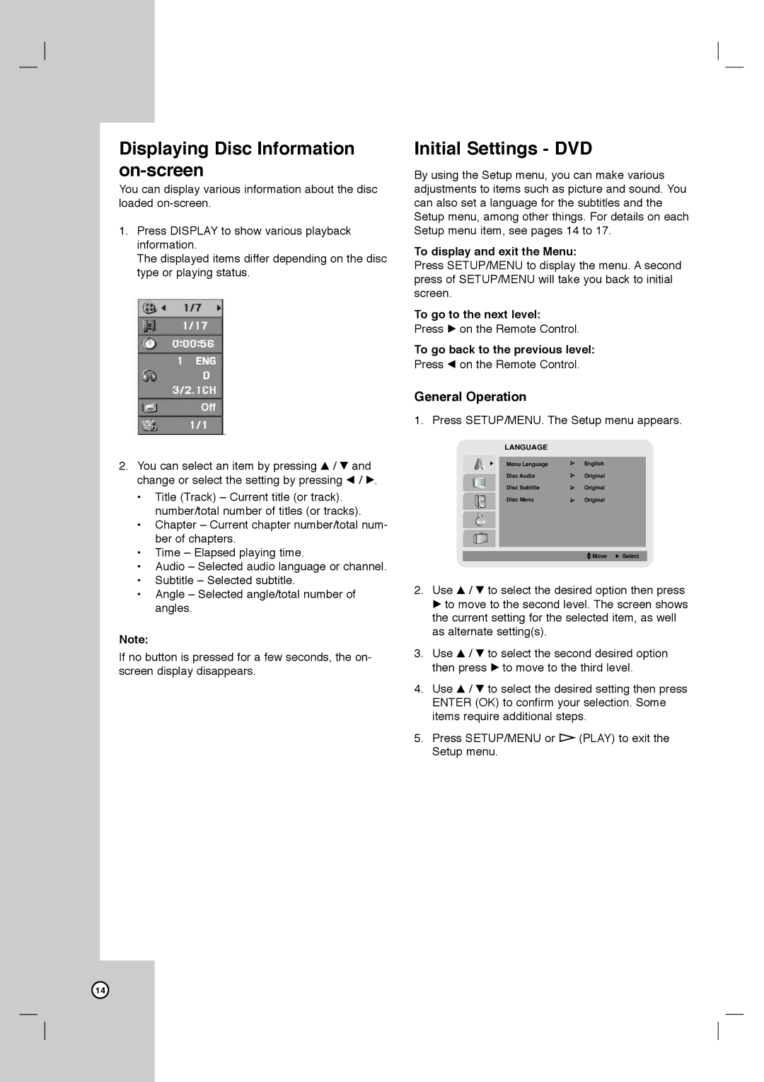 LG Electronics XBV713 warranty Displaying Disc Information on-screen, Initial Settings DVD, General Operation 